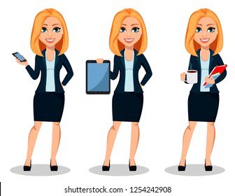 Business woman in office style clothes, set of three poses. Modern lady businesswoman holds smartphone, holds tablet and holds coffee and documents. Cheerful cartoon character. Vector illustration