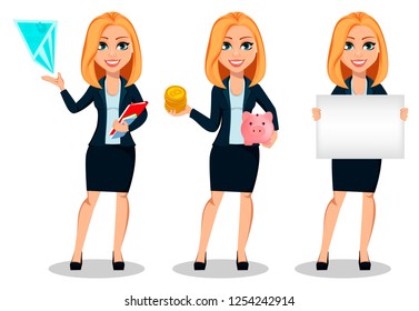 Business woman in office style clothes, set of three poses. Modern lady businesswoman shows hologram, holds bitcoins and holds blank placard. Cheerful cartoon character. Vector illustration