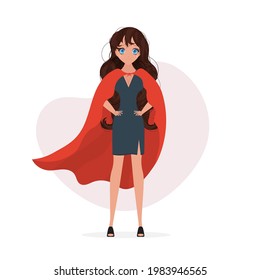 Business woman in office style clothes. Modern lady businesswoman wearing red cloak like superhero. Cheerful cartoon character. Vector illustration on white background.