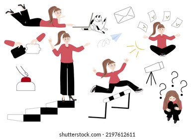 Business woman in office work. Digital marketing icons set.