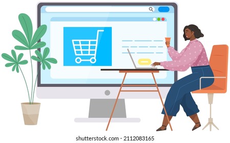 Business woman at office work with online payment, shopping in online store with application online marketting. E-commerce buyer makes purchases remotely from home using mobile app and laptop computer