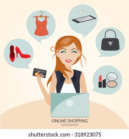 business woman at office work with online payment, shopping online, online marketting.