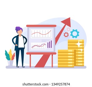 Business woman office worker character perform business plan ides. Successful business concept. Vector flat graphic design cartoon isolated illustration