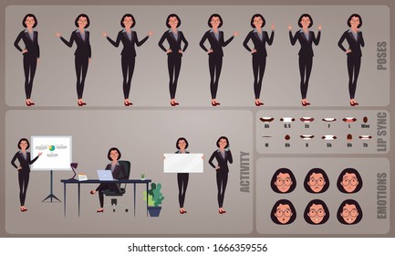 Business woman or office worker character Set. Collection of character body Poses, facial gestures, Business activities and Lip syncs poses. Ready-to-use and animate, character set. Vector.