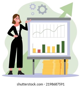 Business woman office worker character perform business plan ides. Successful business concept. Vector flat graphic design cartoon isolated illustration.