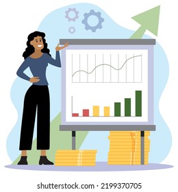 Business woman office worker character perform business plan ides. Successful business concept. Vector flat graphic design cartoon isolated illustration.