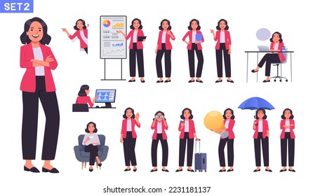 Business woman or office worker character set. Businesswoman in different poses, gestures and actions. The manager makes a presentation, points, has ideas. Vector illustration in cartoon style