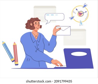 Business woman or office worker, executor working on laptop, sending or receiving mail. Online business communication, analyzing and auditing process, flat vector illustration isolated on background.