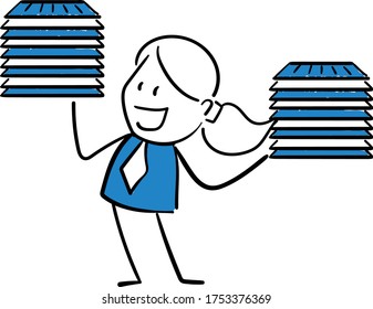 Business woman - Office worker manager holding stack of papers.
Girl hand drawn doodle line art cartoon design character - isolated vector illustration outline of woman.
