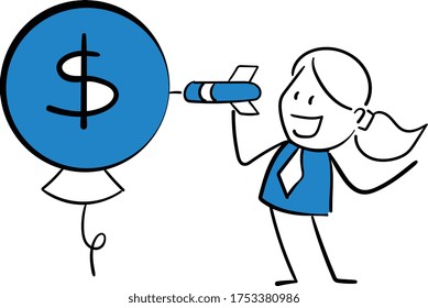 Business woman - Office worker manager destroys dollar ballon.
Girl hand drawn doodle line art cartoon design character - isolated vector illustration outline of woman.