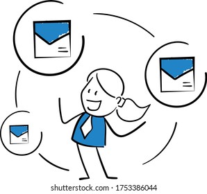 Business woman - Office worker manager and emails from mailbox.
Girl hand drawn doodle line art cartoon design character - isolated vector illustration outline of woman.