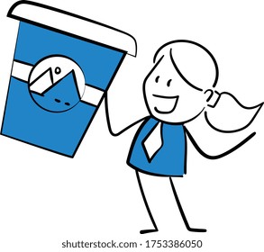 Business woman - Office worker manager holding coffee cup for branding design.
Girl hand drawn doodle line art cartoon design character - isolated vector illustration outline of woman.