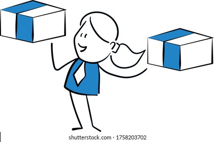 Business woman - Office worker manager holding boxes concept.
Girl hand drawn doodle line art cartoon design character - isolated vector illustration outline of woman.
