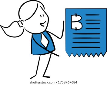 Business woman - Office worker manager and bitcoin bill.
Girl hand drawn doodle line art cartoon design character - isolated vector illustration outline of woman.
