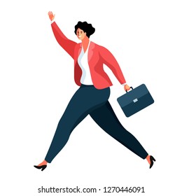 Business woman or office worker running and waving her hand in greeting. Cartoon female characters with briefcase. Vector illustration
