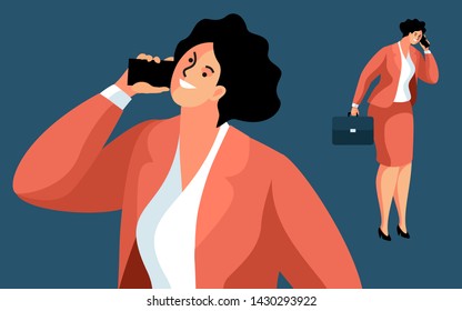 Business woman or office worker standing and speaking on the phone. Cartoon character with briefcase and smartphone. Vector illustration