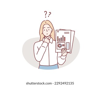 business woman or office worker stands and holds work documents folder. Hand drawn style vector design illustrations.