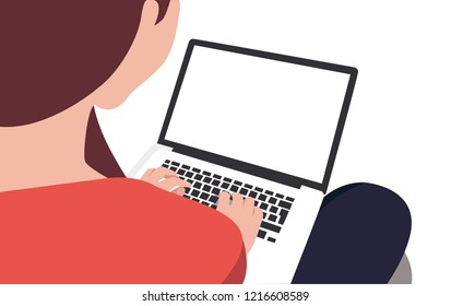 Business Woman or office worker working on computer , Back Rear View, Flat Vector Illustration