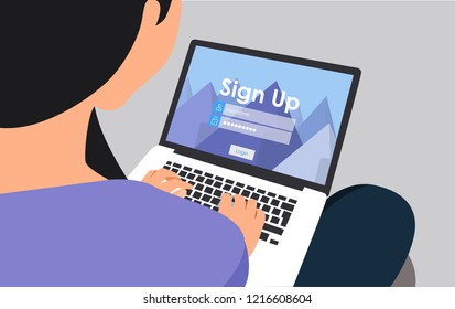 Business Woman or office worker working on computer , Back Rear View, Flat Vector Illustration