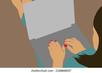 Business Woman or office worker working on computer , Back Rear View, Flat Vector Illustration