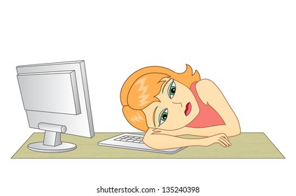 Business woman in office. In the workplace. Frustrated and tired woman.  Vector illustration.