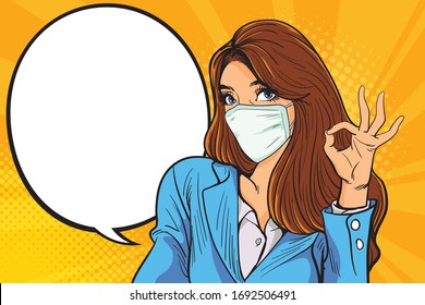 Business Woman okay gesture action with COVID-19, 2019-nCoV, woman with a blue medical mask. The concept of stopping a new coronavirus outbreak worldwide. retro style pop art.