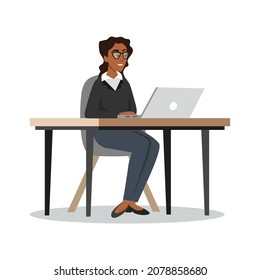 Business woman on computer flat vector illustration isolated on white background