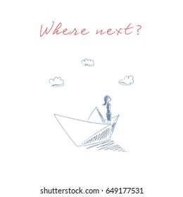 Business woman on a paper boat sketch hand drawn vector symbol. Business concept of adventure, freedom, opportunity and challenge. Eps10 vector illustration.