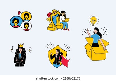 Business Woman on Peak of Success. Leadership, Winner, Challenge Goal Achievement, Successful Manager Concept Cartoon Flat Vector Illustration. hand draw style Super businesswoman. lamp idea, box
