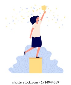 Business woman on pedestal. Female character work success. Girl holds trophy in hand. Golden cup award winner, victory vector illustration