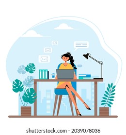 Business woman on the table with laptop in office. Flat style vector illustration.