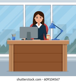 Business woman on the table in office. Flat style vector illustration.