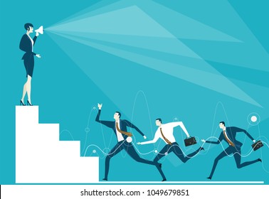 Business woman on top of the stairs giving the orders with loudhailer. Control, support and making decision concept illustration 