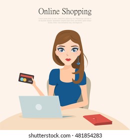 business woman with online payment for shopping online at desk.