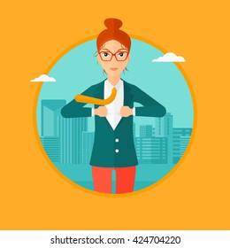 A business woman opening her jacket like superhero on the background of modern city. Business woman superhero. Vector flat design illustration in the circle isolated on background.