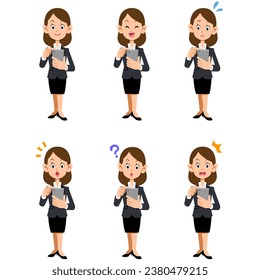 Business woman operating a smartphone, 6 different facial expressions, whole body