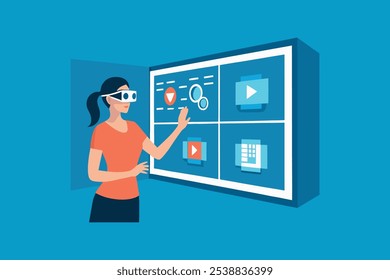 Business Woman operating a stereoscopic video screen flat vector illustration.