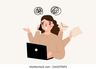 business woman overloaded with many task. multitasking concept