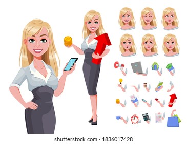 Business woman, pack of body parts, emotions and things. Beautiful businesswoman cartoon character. Vector illustration