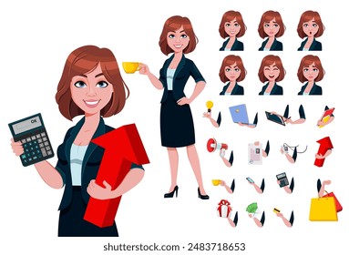 Mujer de negocios, paquete de partes del cuerpo, emociones y cosas. Personaje de dibujos animados de empresaria linda. 