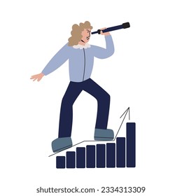 Business woman path goal success with spyglass. Company work finding ways develop. Telescope in search new ideas vector illustration