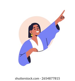 Business woman peeping from circle hole and pointing up, watching. Smiling curious female peeking out, gesturing with finger, showing with hand. Flat vector illustration isolated on white background