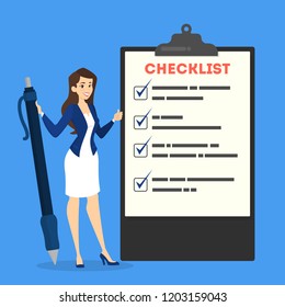 Business woman with pen standing at the big clipboard with checklist on it. Office character fill the checkbox on the list. Vector illustration in cartoon style