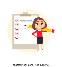 Business woman with pencil and checklist. Vector illustration