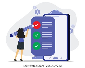 Business woman with pencil in hands nearby marked checklist on screen at her smartphone. Successfull business task, finishing job list. Flat vector illustration. 