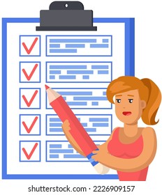 Business woman with pencils near marked checklist. Lady working with clipboard paper plan. Successful completion of business tasks, time management, scheduling concept. Girl works with to do plan