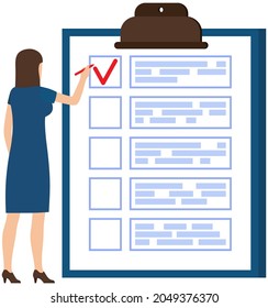 Business woman with pencils writing on marked checklist on clipboard paper. Successful completion of business tasks, time management, scheduling concept. Lady works with to do plan creation