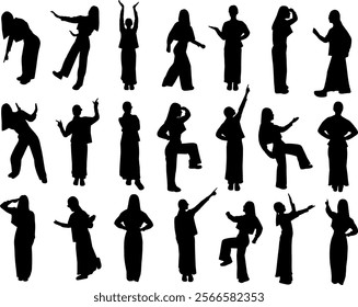 Business Woman People Silhouette Set Setting Collection. Talkint Walkint Standing Jumping Meeting Pose. Icon Isolated Team