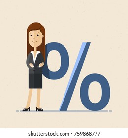 Business woman and percent sign. Vector, illustration, flat