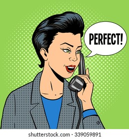 Business Woman With Phone Comic Book Pop Art Retro Style Vector Illustration